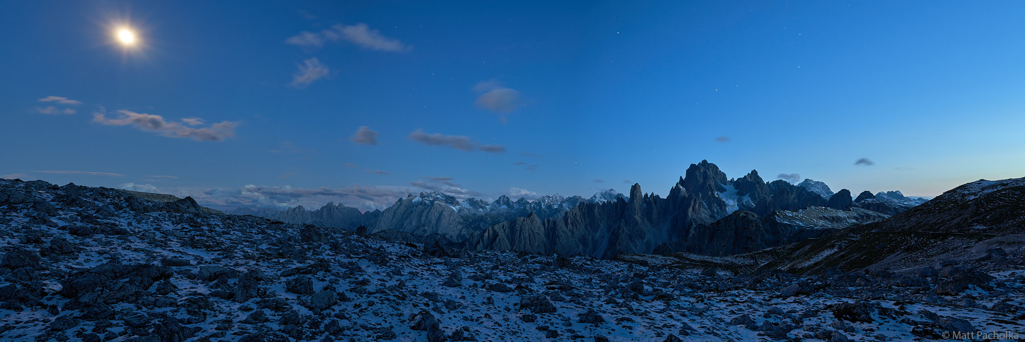 Moonrise near Lavaredo Rifugio Panorama The moon lights up the foreground and mountains from the Lavaredo Rifugio.