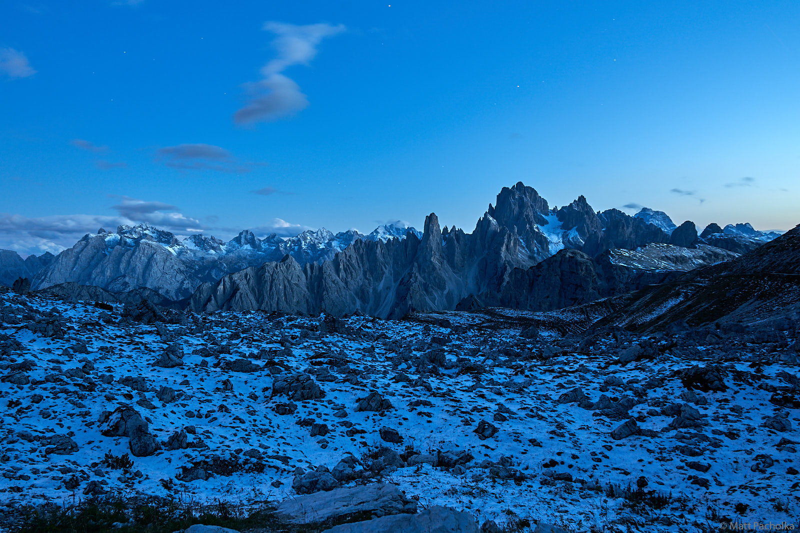 Shot by moonlight, this photograph was taken at dawn close to the Rifugio Lavaredo.